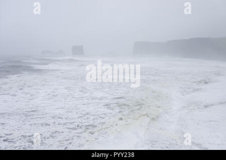 Schwarzer Sand Strand Reynisfjara am Ufer des Atlantischen Ozeans mit riesigen Wellen im Süden von Island, Europa Stockfoto