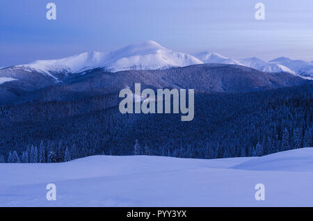 Blick auf den Berg. Dusky Winterlandschaft. Tannenwald und Ridge im Schnee Stockfoto