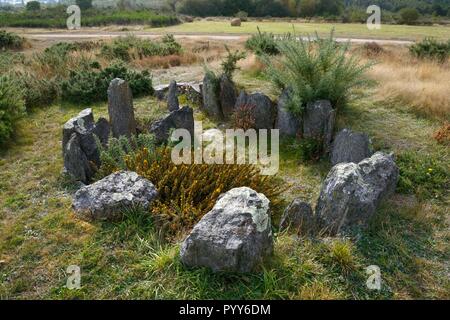 Landes de Cojoux, Saint-Just, Bretagne, Frankreich. Die wiederhergestellten prähistorischen Barrow Passage grave Dolmen von Croix Saint Pierre Süd Stockfoto