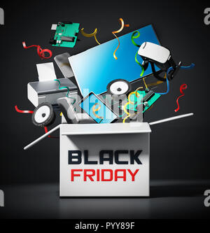 Schwarzer Freitag Box mit elektronischen Geräten. 3D-Darstellung. Stockfoto