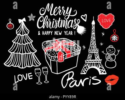 Frohe Weihnachten und guten Rutsch ins Neue Jahr Schriftzug Karte mode Skizze feier Geschenkbox, Baum, Paris Eiffel Tower. Weiße und rote Hand Zeichnung Vector Illustration auf schwarzen Hintergrund isoliert. Stock Vektor