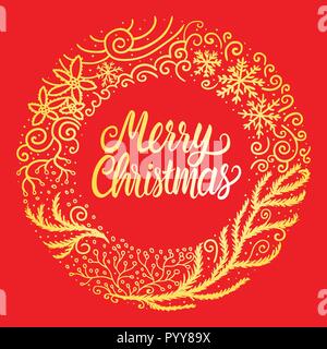 Frohe Weihnachten weiße Hand gezeichnet Schriftzug text Inschrift. Vector Illustration leuchtend gelb gold ornament Frame auf rotem Hintergrund isoliert. Stock Vektor