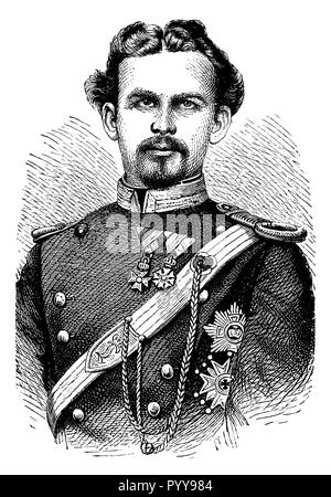 Ludwig II., König von Bayern (1845 - 1886), die "Märchenkönigs". Holzstich nach einem Foto, 1899 Stockfoto