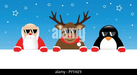 Cool rentier Santa und Pinguin cartoon mit Sonnenbrille auf verschneiten Hintergrund banner Vektor-illustration EPS 10. Stock Vektor