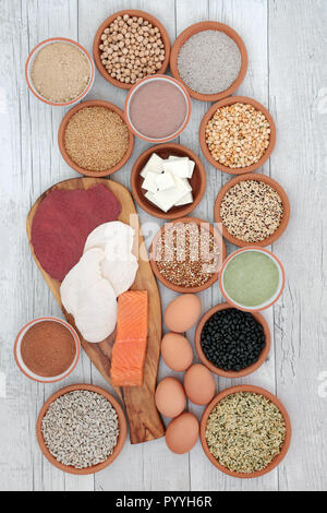 Proteinreiche Lebensmittel Auswahl mit Fleisch, Fisch, vegan Tofu, Hülsenfrüchte, Milchprodukte, Ergänzung von Pulver, Körnern und Samen. Stockfoto