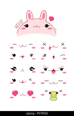 Cute funny rabbit Festlegen verschiedener Emotionen. Kawaii stil Emoticon-symbol mit rosa Wangen und Augen. EPS8 Stockfoto