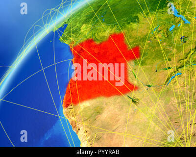 Angola über Modell des Planeten Erde mit internationalen Netzwerken. Konzept der digitalen Kommunikation und Technologie. 3D-Darstellung. Elemente dieses Bild Stockfoto