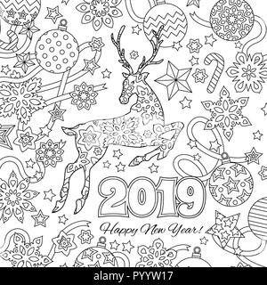 Neues Jahr herzlichen Glückwunsch Karte mit Zahlen 2019, Hirsch und festlichen Objekten. Zentangle inspirierten Stil. Zen bunte Grafik. Bild für Kalender, Buch der Färbung. Stock Vektor