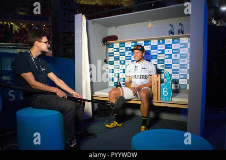 Deutschlands Maximilian Levy feiert nach dem Gewinn der insgesamt sprinter Titel am Tag sechs der Sechs Tag Reihe bei Lee Valley Velopark, London Stockfoto