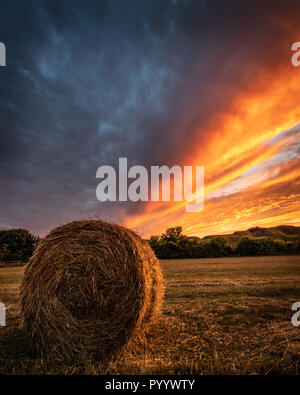 Ein einziges Heu Ballen in einem Feld bei Sonnenuntergang mit gewitterwolken Division der Sonnenuntergang in einem Hampshire Feld Stockfoto