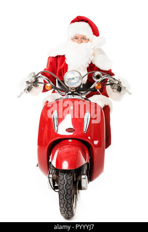 Santa Claus reiten vintage Scooter und Kamera isoliert auf weißem Stockfoto