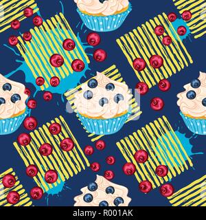 Cupcake mit frischen roten Beeren und Heidelbeeren auf dem blauen Hintergrund Vektor nahtlose Muster. Süße Nachspeise für Verpackung oder Textil. Stock Vektor