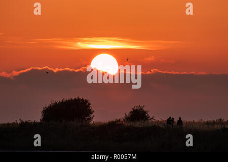 Drei Wanderer beobachten die Sonne gehen sie in die englische Landschaft Stockfoto