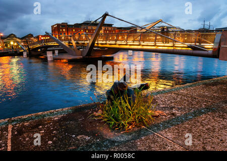 Beleuchtete Fußgängerbrücke in Dublin, Irland über die Liffey River. Moderne Hotels im Hintergrund Stockfoto