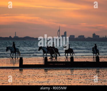 Reiten am Strand bei Sonnenuntergang Stockfoto