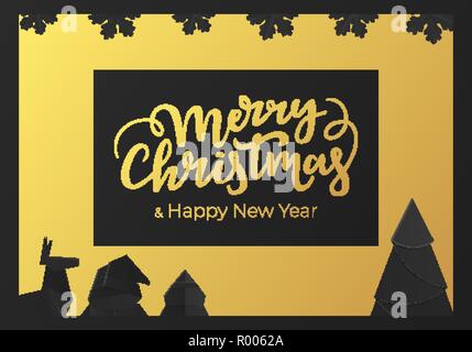 Festliche winter Postkarte mit Weihnachtsschmuck. Frohes Neues Jahr Grußkarte mit Goldfolie und schwarzes Papier Hintergrund Stock Vektor