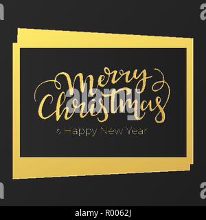 Christmas Card Design in Luxus Schwarz und goldenen Farben mit handschriftlichen festliche Schriftzug. Neues Jahr Postkarte mit Hintergrund der goldene Folie und Schwarz Stock Vektor