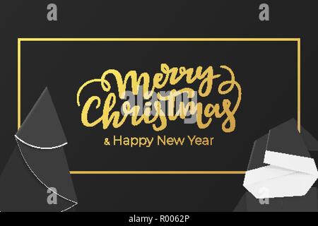 Frohe Weihnachten und guten Rutsch ins Neue Jahr Winterurlaub Grußkarte mit Schriftzug und dem Rahmen des gold Folie Stock Vektor