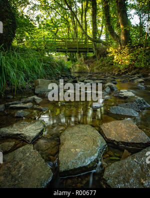 Felsen in einer sehr ruhigen Bach mit einer hölzernen Brücke über Stockfoto