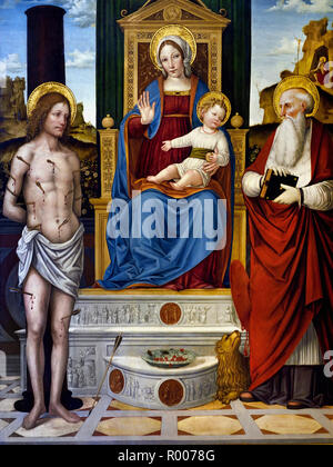 Thronende Madonna mit dem Kind zwischen St. Sebastian und Jerome1510 von Lombard Maler 15. und 16. Jahrhundert, Italien, Italienisch. Stockfoto