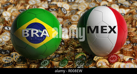 Brasilien gegen Mexiko Fußball Match - Fußball in Brasilien und Mexiko nationalen Farben auf einem Bett von Golden Dollar Münzen. 3D-Rendering Stockfoto