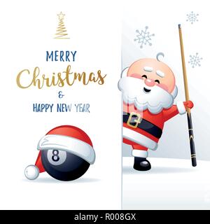 Frohe Weihnachten und guten Rutsch ins neue Jahr. Sport Grußkarte. Cute Santa Claus mit Billardkugel und Cue. Vector Illustration. Stock Vektor