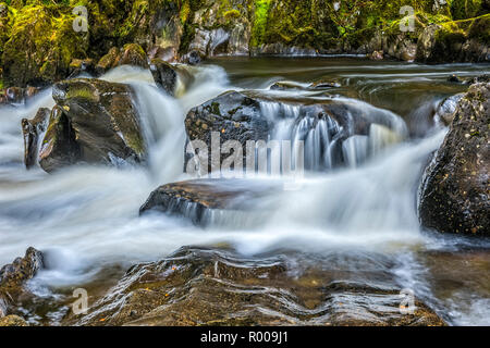 Wasserfall auf dem Fluss Braan in der Einsiedelei in der Nähe von Crieff, Perthshire, Schottland Stockfoto