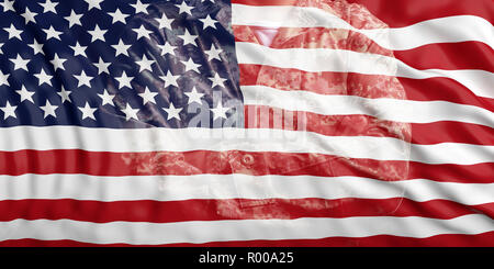 US-Armee Konzept. Vereinigte Staaten von Amerika Flagge und verblasste Soldat in Uniform. 3D-Darstellung Stockfoto
