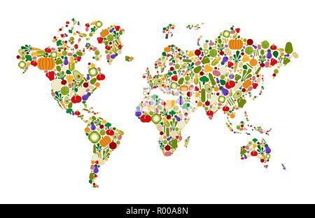 Rohkost Weltkarte aus flachen Cartoon pflanzliche Symbole. Globales Konzept für frische gesunde Ernährung Bewusstsein. Stock Vektor