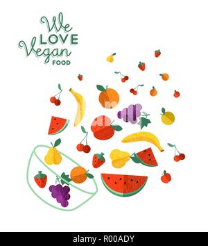 Veganes essen Grußkarte Illustration für Organische und gesunde Ernährung mit bunten Flachbild cartoon Obst Symbole. Stock Vektor