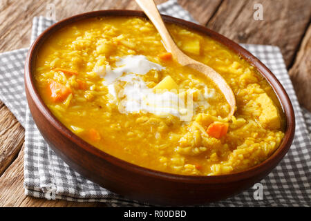 Traditionelle indische Küche der Kolonialisten. Hausgemachte Mulligatawny Suppe mit Linsen, Reis, Sahne und Huhn auf Holz- Hintergrund. Horizontale Stockfoto