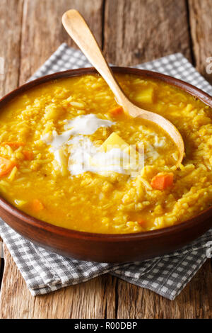 Leckere dicke Mulligatawny Suppe mit roten Linsen, Reis und Gewürze close-up in einer Schüssel auf dem Tisch. Vertikale Stockfoto