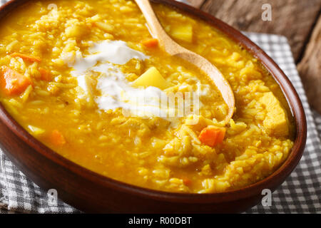 Mulligatawny Suppe mit Curry gewürzt und von cremige rote Linsen, Karotten, Äpfel, und Kokosmilch Nahaufnahme auf die Schüssel. Horizontale Stockfoto