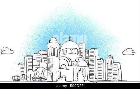 Die Skyline der Stadt mit der orthodoxen Kirche. Hand Vector Illustration gezeichnet. Stock Vektor