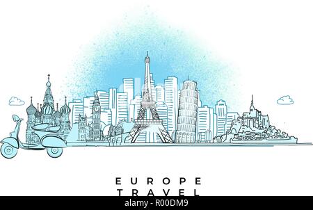 Europa Travel Concept die Skyline der Stadt. Hand Vector Illustration gezeichnet. Stock Vektor