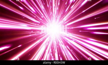 3D-Rendering von hellen Linien bewegen sich von uns. Leitungen des Lichts bilden eine dynamische helle Tunnel im Raum Stockfoto