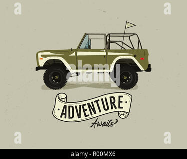 Jahrgang Hand gezeichnet surfen. Retro Transport mit surf Wimpel. Old style Surfer Automobil. Perfekt für T-Shirt, Tassen und andere Outdoor Bekleidung wird gedruckt. Lager Stockfoto