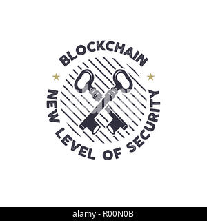 Blockchain - neues Maß an Sicherheit emblem Konzept mit Tasten Symbol. Digitale assets Logo. Vintage han gezeichnet Schwarzweiß-Design. Technik Abzeichen. Lieferbar Abbildung auf weißem Hintergrund Stockfoto