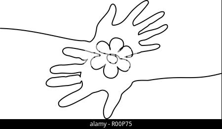 Kontinuierliche eine Linie zeichnen. Abstrakte Hände Blume Holding. Vector Illustration Stock Vektor