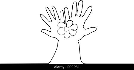 Kontinuierliche eine Linie zeichnen. Abstrakte Hände Blume Holding. Vector Illustration Stock Vektor