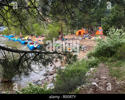 Zelten Sie am Middle Fork Salmon River, Idaho mit dem Ausstatter Far and Away Adventures. Stockfoto