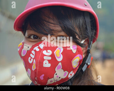 Gesicht geschossen von einem vietnamesischen Roller Mädchen mit lächelnden Augen, rosa Motorrad Sturzhelm und niedliche halbe Gesichtsmaske. Stockfoto