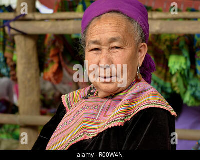 Alte Vietnamesische schwarzen H'mong Markt Frau trägt Traditionelle bestickte Kleidung und posiert für die Kamera. Stockfoto