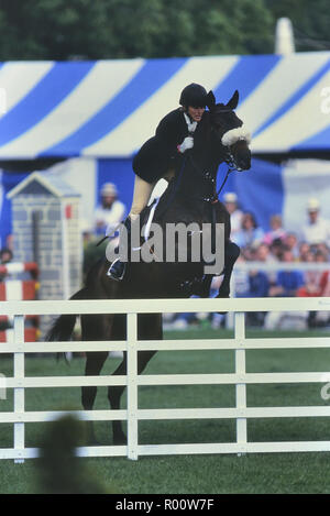 Virginia (Ginny) Leng mit ihrem Pferd Meisterbrief. Whitbread Trophy 1989. Badminton Horse Trials Champion. England. UK Stockfoto