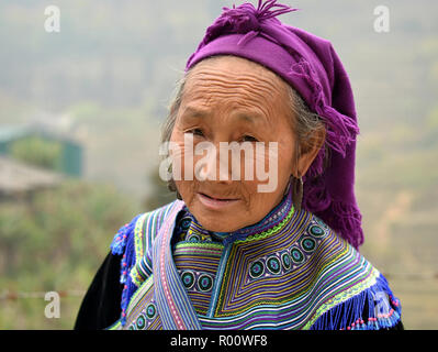 Alte vietnamesische H'Mong ethnische Minderheit Bergvolk Frau trägt bestickt traditionelle H'Mong Kleidung und sieht in die Kamera. Stockfoto