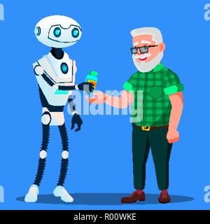 Roboter Apotheker, Arzt gibt Tabletten, Pillen zu alten Mann Vektor. Isolierte Abbildung Stock Vektor