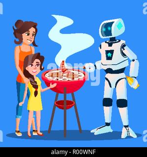 Roboter Vorbereitung ein Grill für Familie Vektor. Isolierte Abbildung Stock Vektor