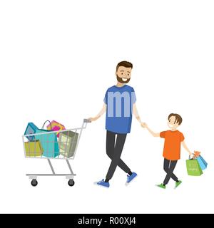 Vater und Sohn mit Einkaufstüten. Großen Rabatt in speichern. Flaches Design auf weißem Hintergrund, cartoon Vector Illustration Stock Vektor