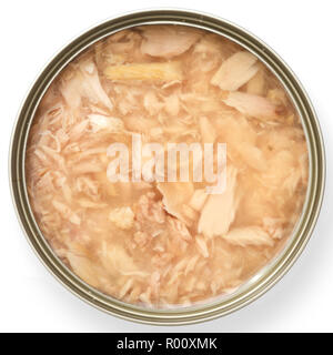 Öffnen von Thunfisch in Salzlake. Von oben gesehen. Stockfoto