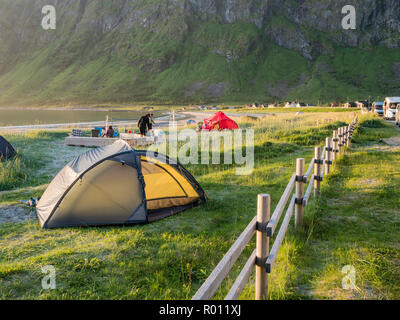 Strand Ersfjord Ersfjordstranden, Fjord, öffentlichen Erholungsgebiet, am Strand Gras, Insel Senja, Troms, Nordnorwegen, Norwegen Stockfoto